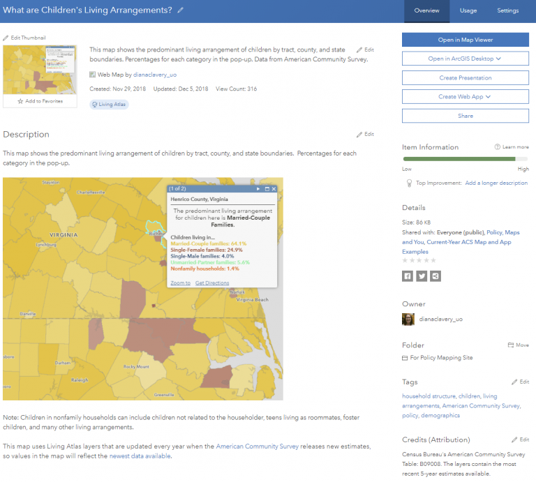 Item Details page (Overview tab) of web map “What are Children’s Living Arrangements?” with a picture of the map in the Description.