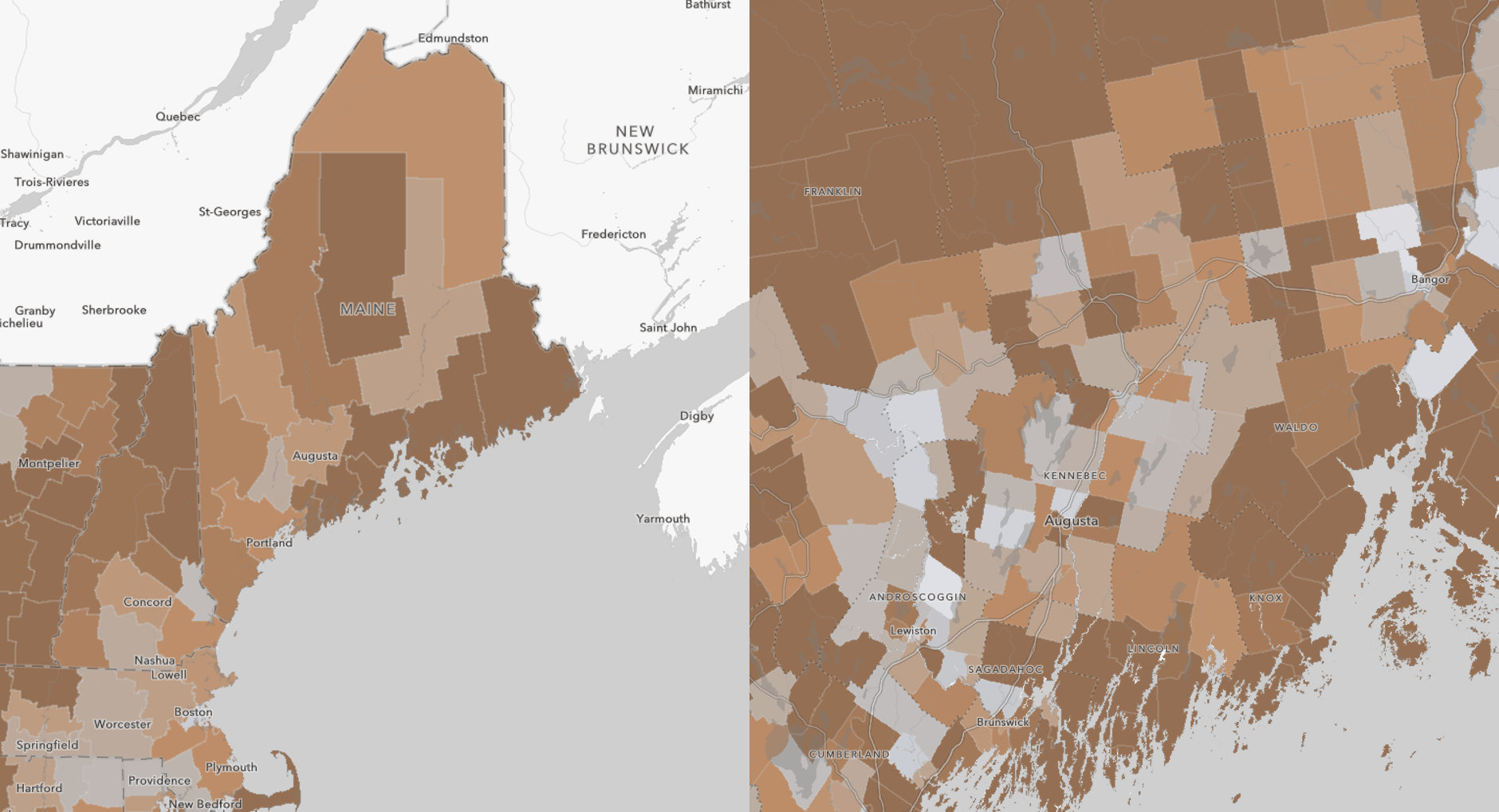 County- and tract-level maps showing the share of Maine's workers who are age 65 and over in dark orange.