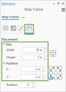 Map frame size and position properties in the Element pane