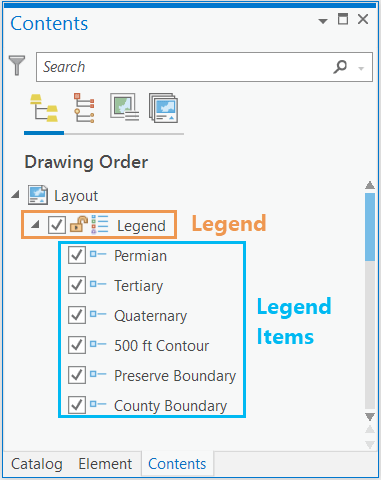 Showing the legend and legend items in the Contents pane