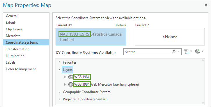 Geographic coordinate systems highlighted in the Map Properties Coordinate Systems window