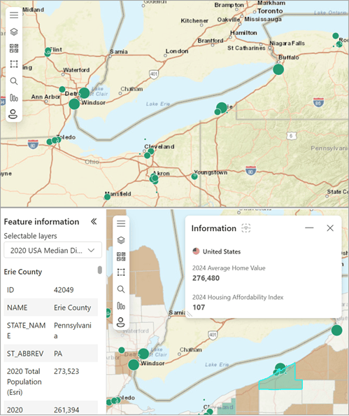 A comparison of a map with no demographic reference layer (top) and with a demographic layer (bottom)