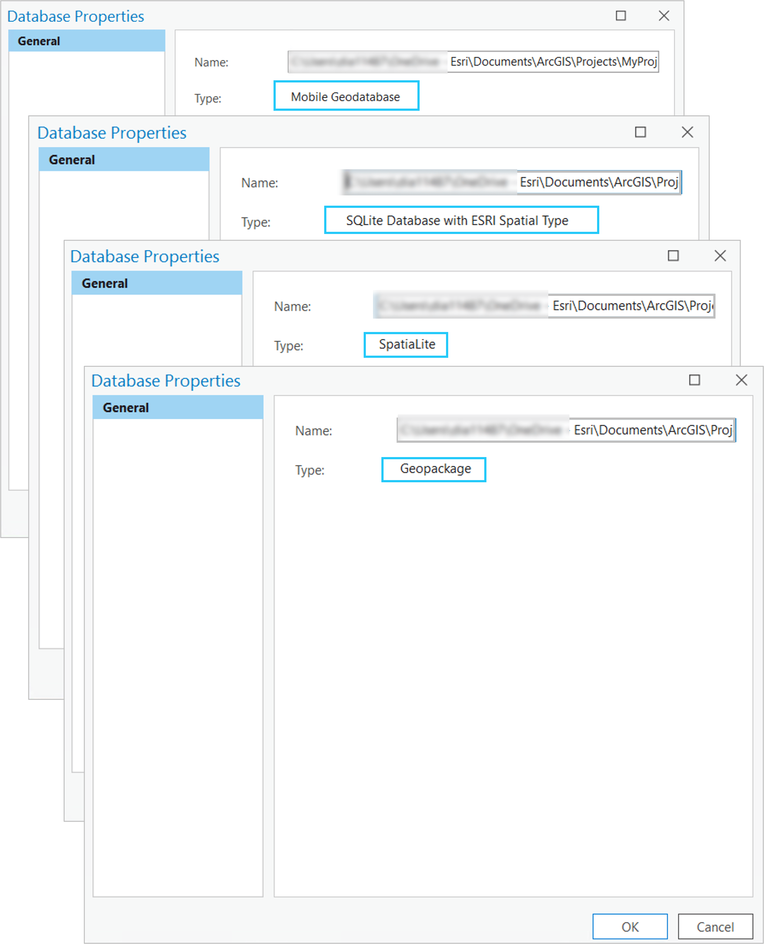 The Database Properties dialog showing different types of SQLite databases and mobile geodatabases