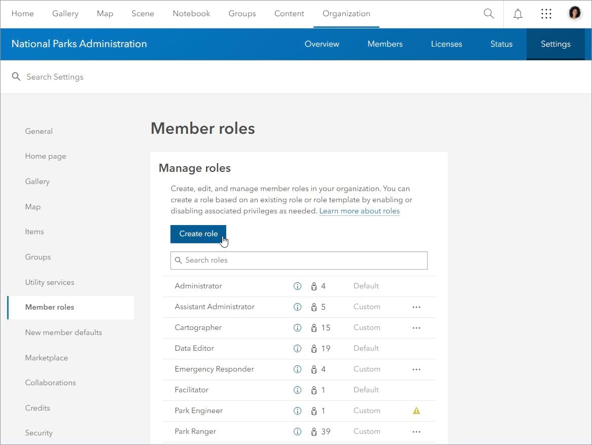 Member roles setting with Create role button indicated
