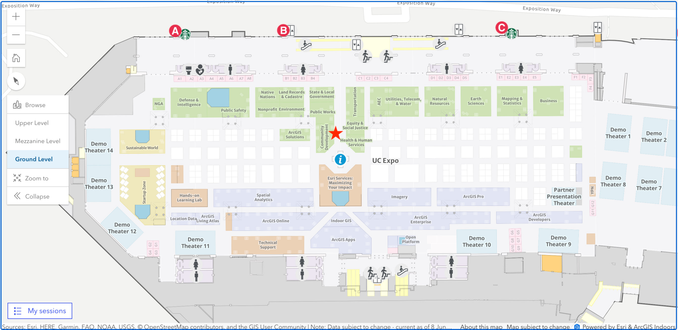 A map of the San Diego Convention Center that shows vendor, session, and speciality booth locations.