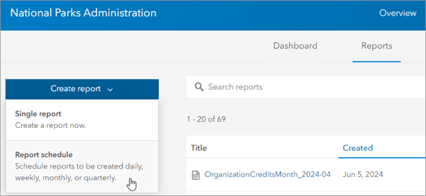 Create report menu with Report schedule option highlighted