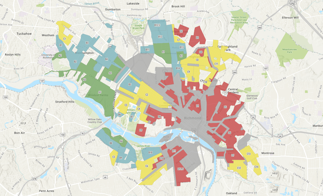 A web map shows Home Owners' Loan Corporation (HOLC)'s historical redlining grades for areas in Richmond