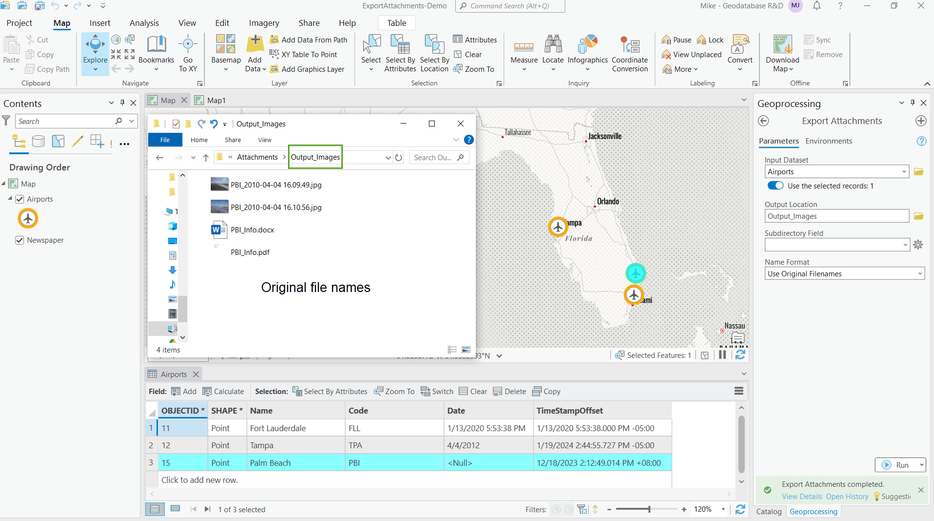 ArcGIS Project with Export Attachments tool honoring feature selection with output location and original file names.