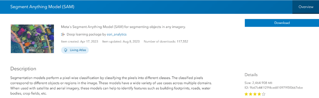 Item page of SAM model available on ArcGIS Living Atlas of the World