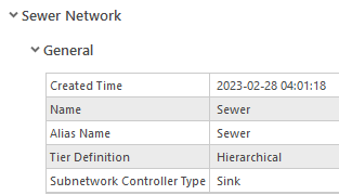 A table showing the properties of a sewer domain network. The table shows the name and alias of the domain are Sewer, the tier definition is Hierarchical, and the subnetwork controller type is sink.