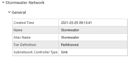 A table showing the properties of a stormwater domain network. The table shows the name and alias of the domain are stormwater, the tier definition is partitioned, and the subnetwork controller type is sink.