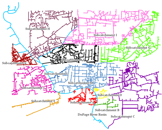 A map showing lines representing a stormwater system. Each line is colored and labeled based on the subcatchment.