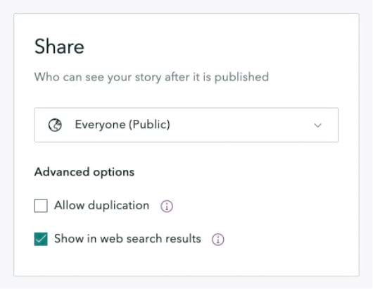 A screenshot of the sharing options in the ArcGIS StoryMaps publishing page with the