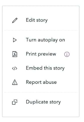 A screenshot of the more actions menu in the story viewer in ArcGIS StoryMaps