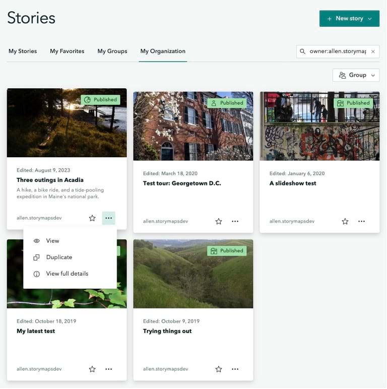 A screenshot of the story browser in ArcGIS StoryMaps, with the quick options for a story that allows duplication unfurled.