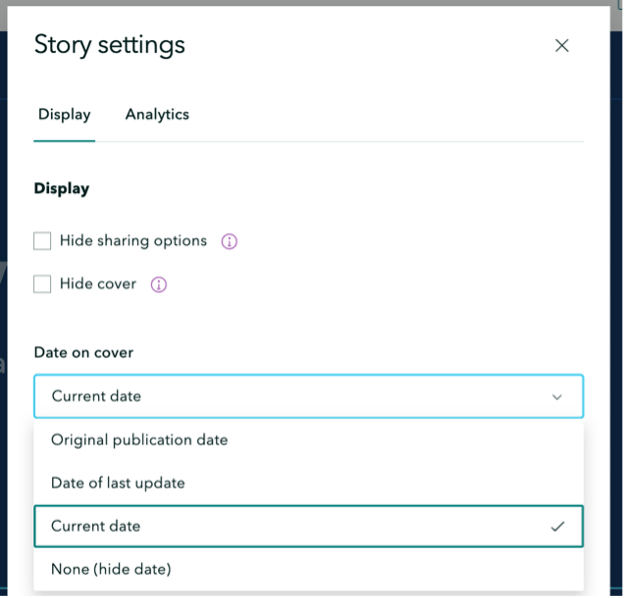 Screenshot of the story settings in ArcGIS StoryMaps with the different date options showing and "Current date" selected.