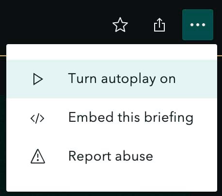 A screenshot of the more actions menu for a briefing in ArcGIS StoryMaps with autoplay highlighted.