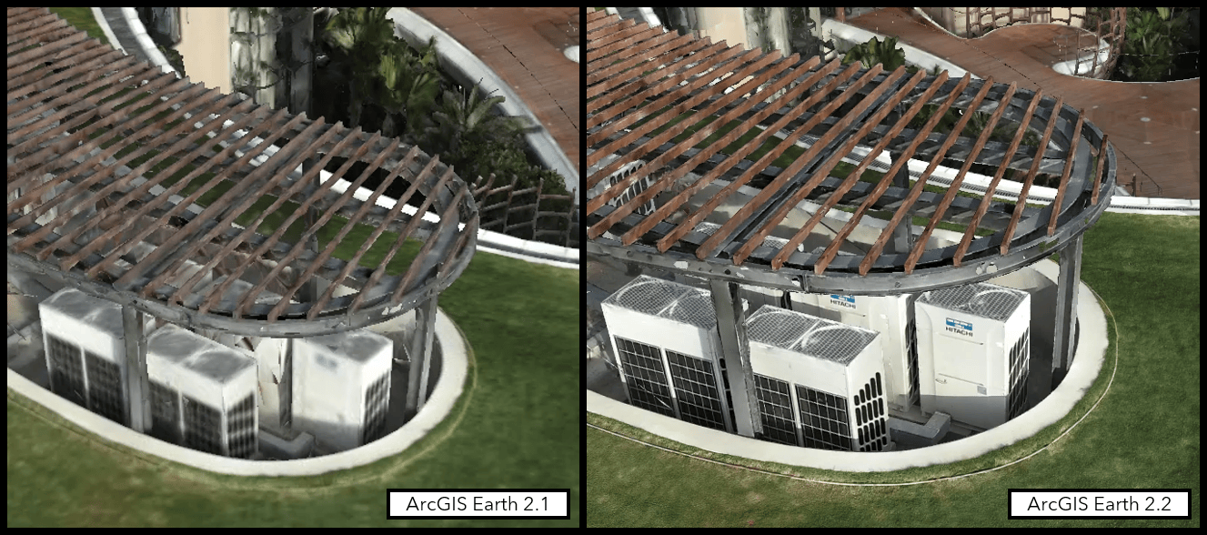 3D rendering comparison between ArcGIS Earth version 2.1 and 2.2.