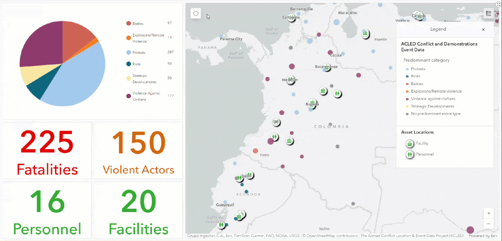 Animation of drawing a circle on a map and Dashboard elements updating counts of fatalities, actors, facilities, and personnel