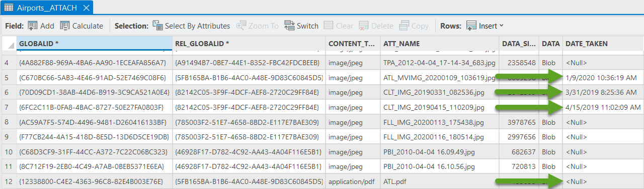 ATTACH table showing new DATE_TAKEN field added and populated with photo date and time for applicable files.