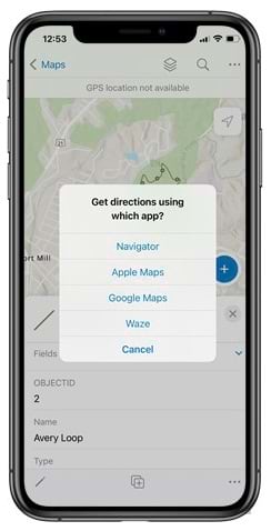 Navigation options shown in Field Maps mobile app