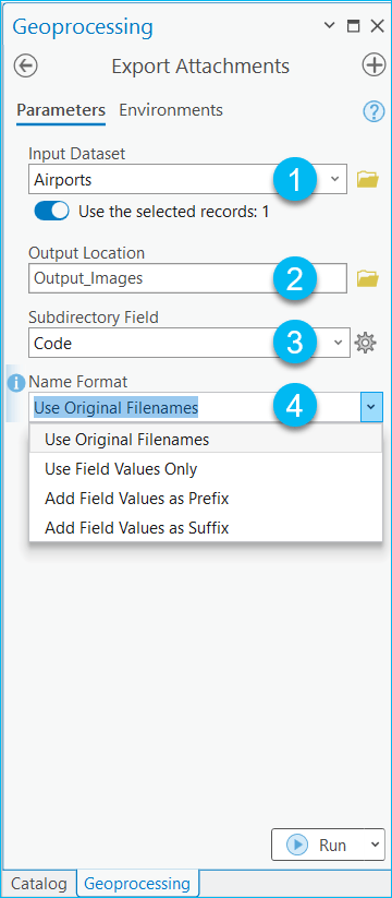 Export Attachments tool with numbered parameters.