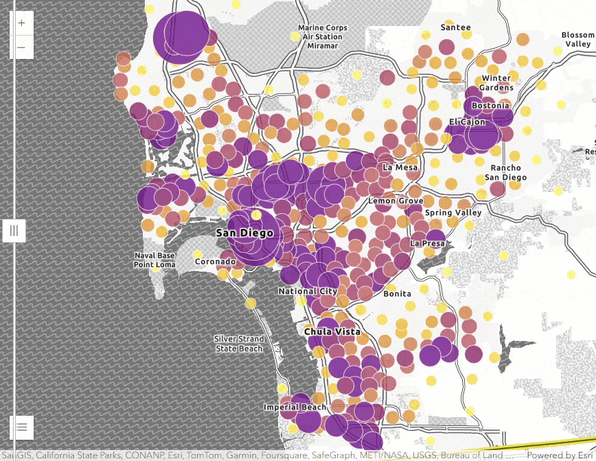 Moving gif of San Diego, California map with enhanced features showing total population data in various sizes of purple circles.