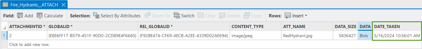 ATTACH table showing new DATE_TAKEN field added and populated with photo date and time.