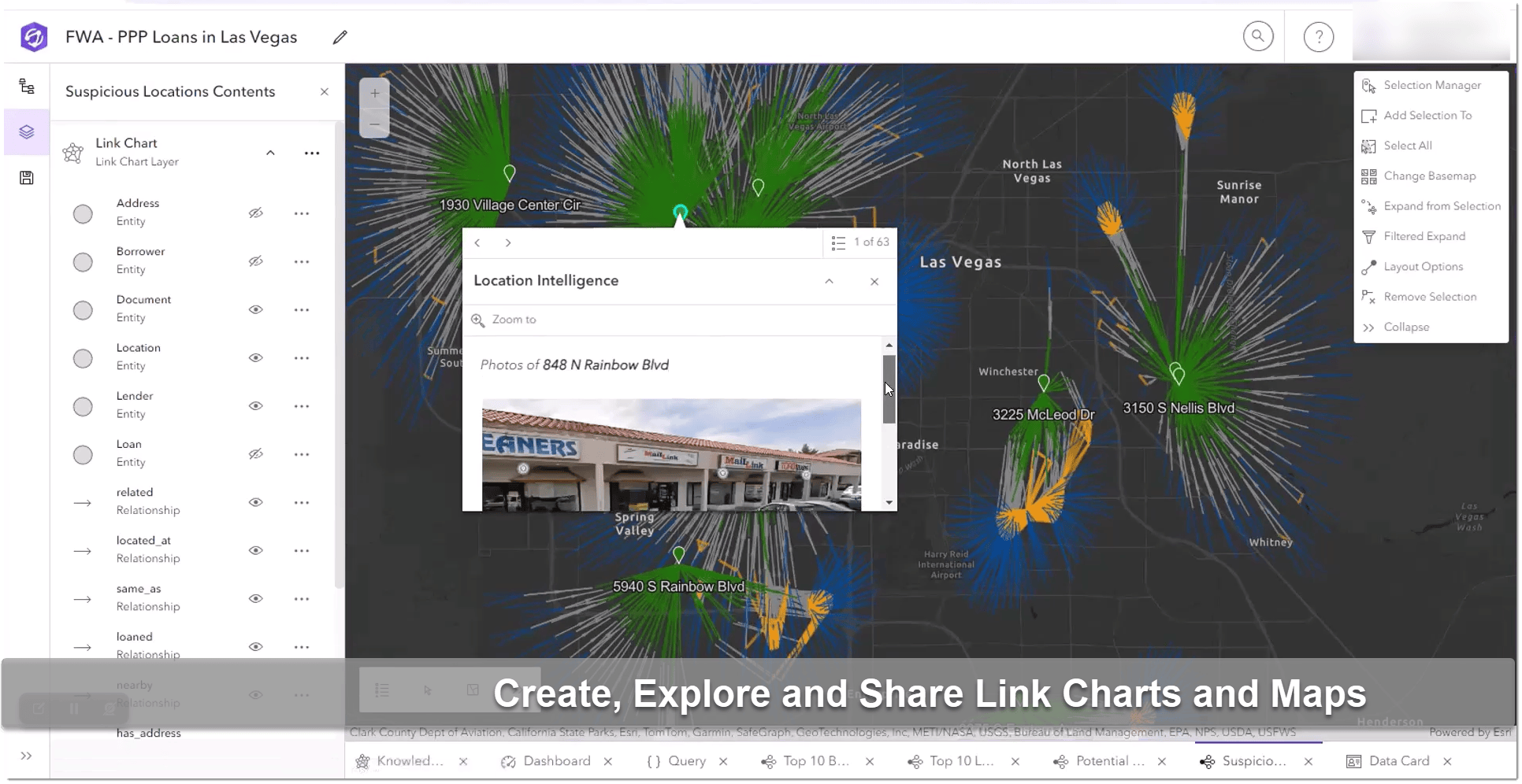 Create new link charts, maps or data cards with custom symbology imported from views shared from ArcGIS desktop.