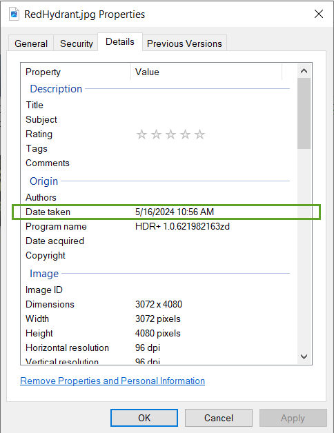 Photo Properties window with image metadata shown in Windows File Explorer.