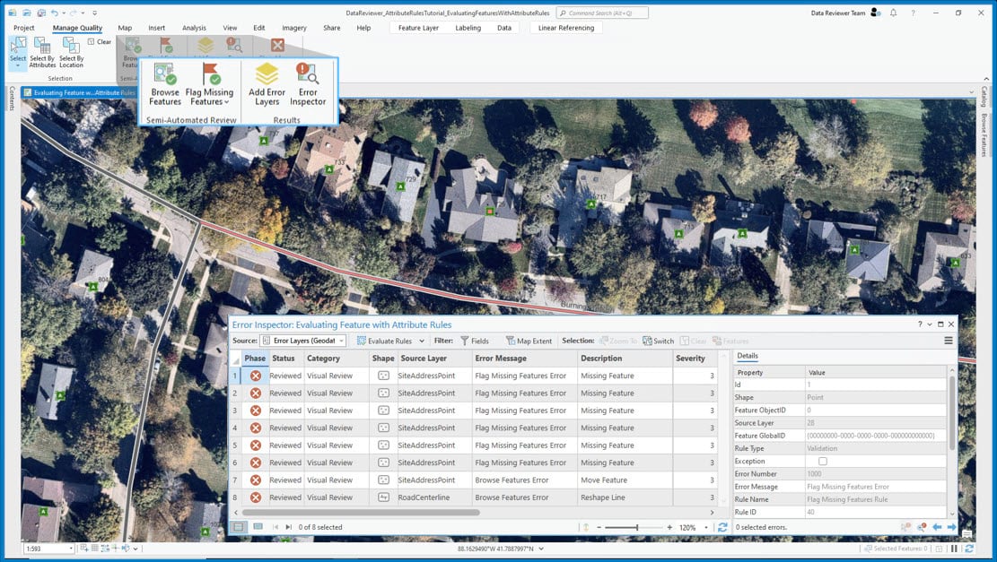 aerial image of houses and trees inside ArcGIS Pro, and a table showing errors