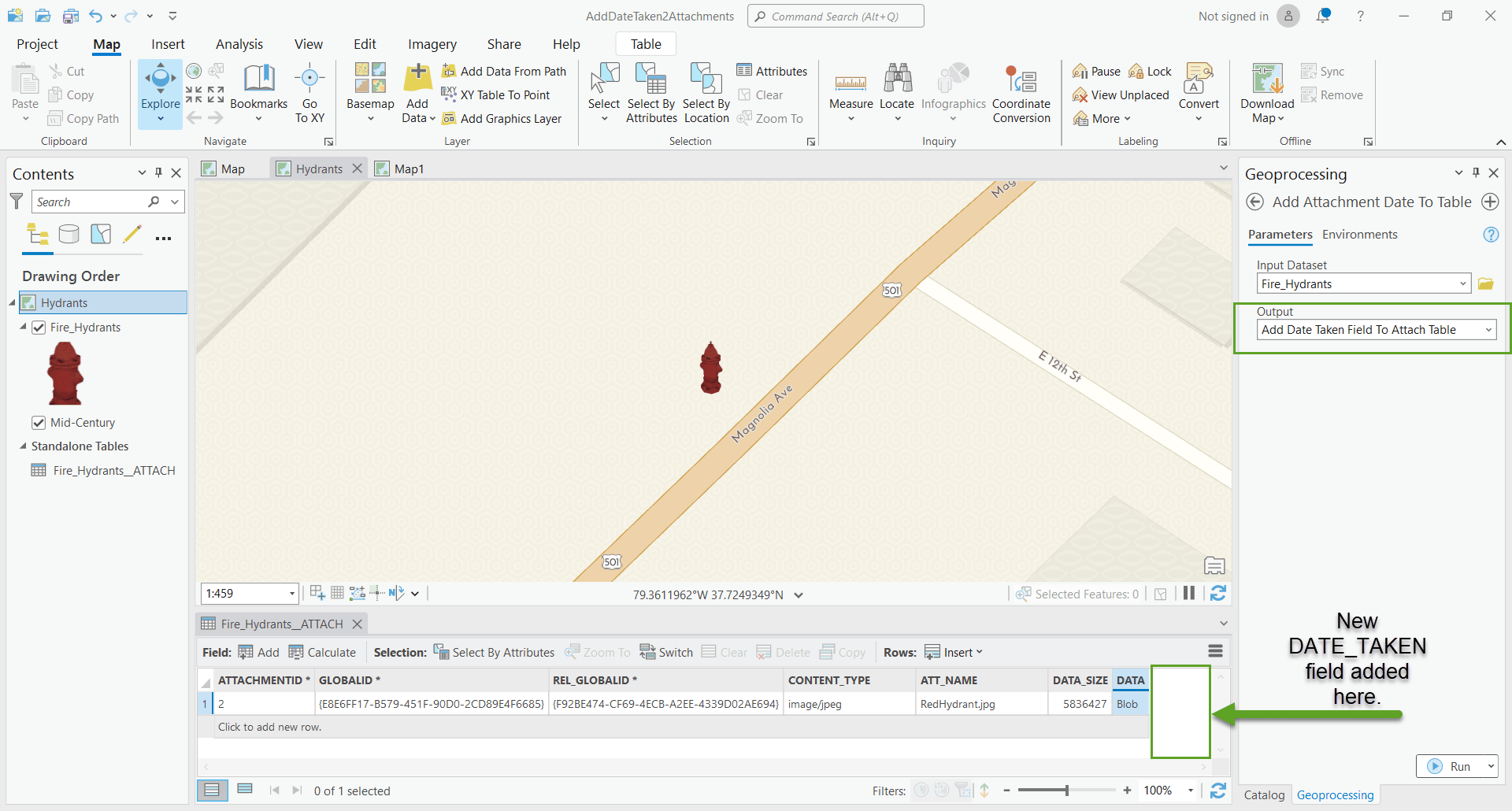 ArcGIS Pro project showing Add Attachment Date To Table tool with open ATTACH table prior to tool adding new field.