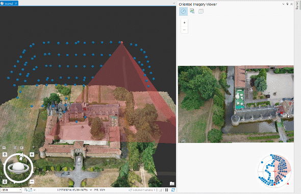 GIF showing a drone image in the oriented imagery viewer, with the 3D coverage and z-enabled image location points depicted in a scene alongside a 3D mesh