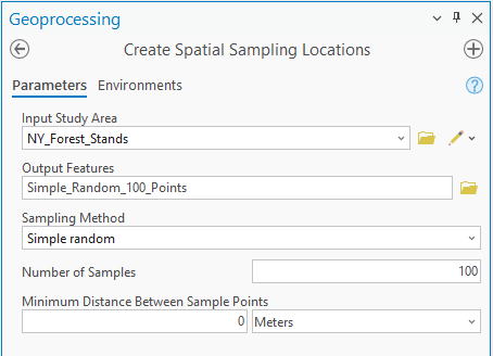 Parâmetros simples da ferramenta de amostragem aleatória