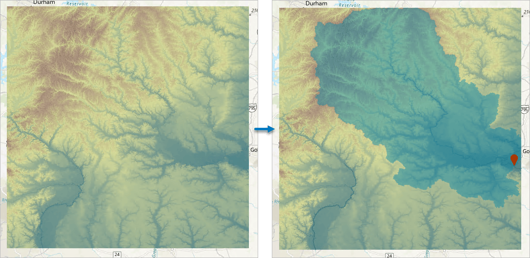 A watershed delineated using a DEM.