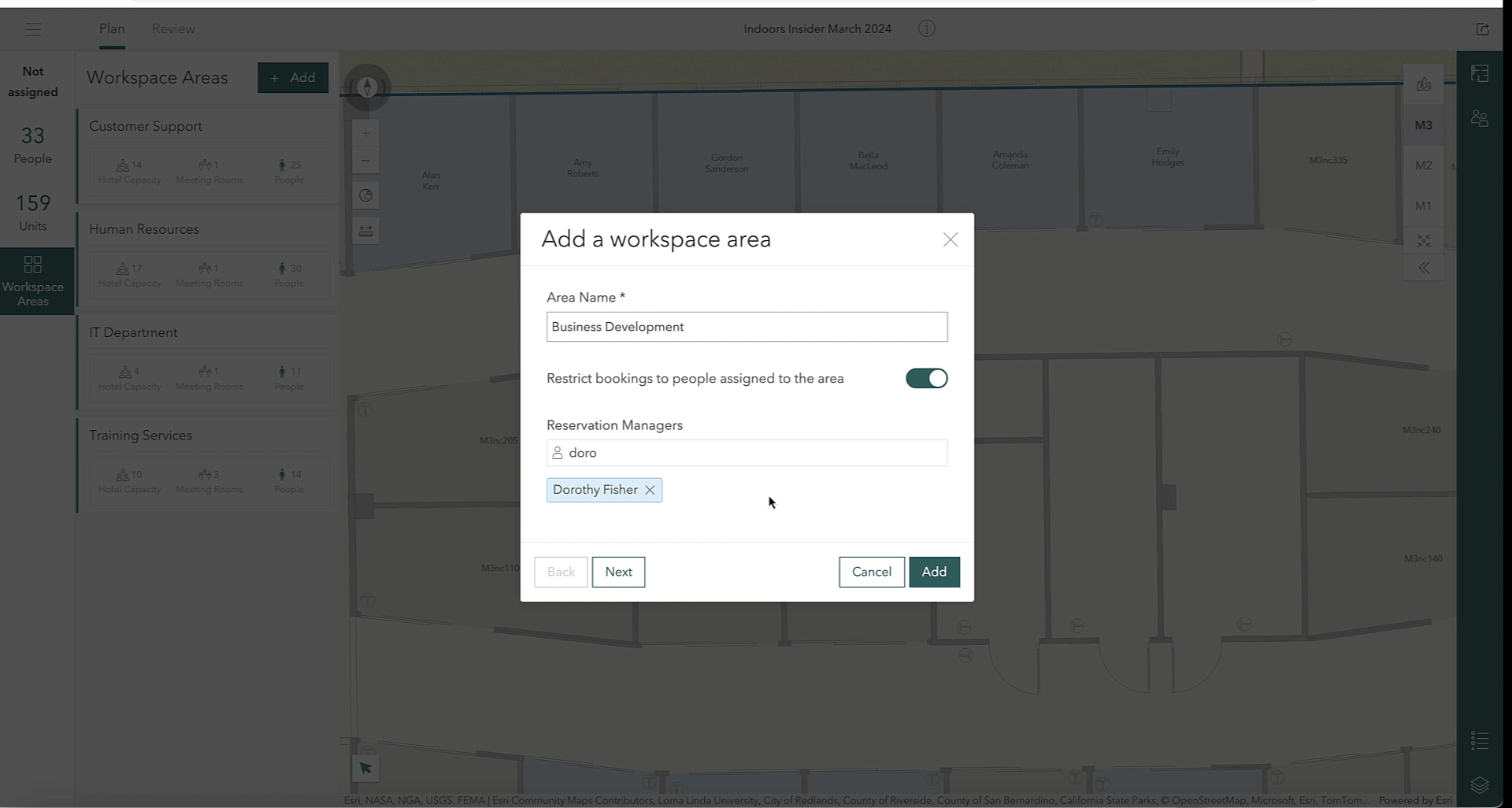 ArcGIS Indoors space planner - add a workspace area popup windor on indoor map