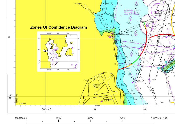 Vertically oriented scale bar and ZOC diagram on a nautical chart