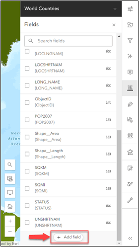 The Add field button is located at the bottom of the Fields pane in Map Viewer.