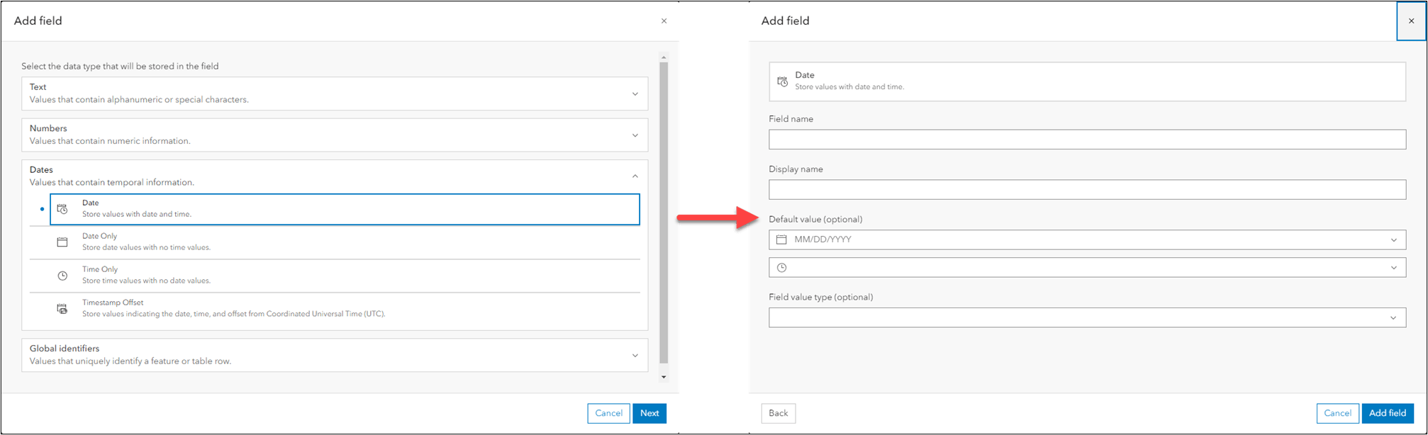 A side-by-side view of the two steps in the add field workflow. Depending on the field type chosen, the list of input parameters will dynamically change.