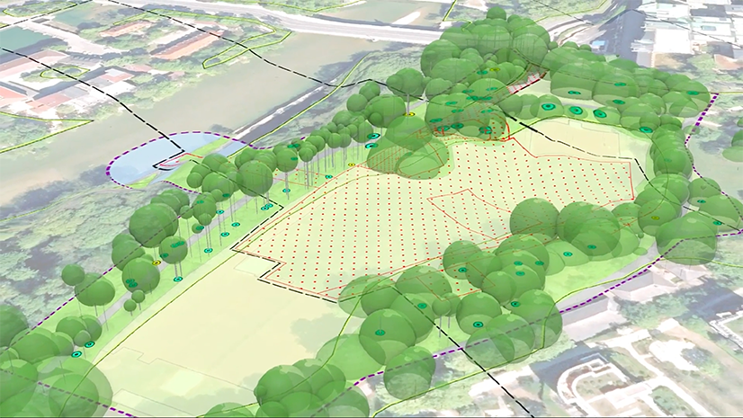 The image shows a 3D model of a park. The model includes trees, buildings, and other features. There are also red dotted lines that show the locations of trees that may be impacted by construction.