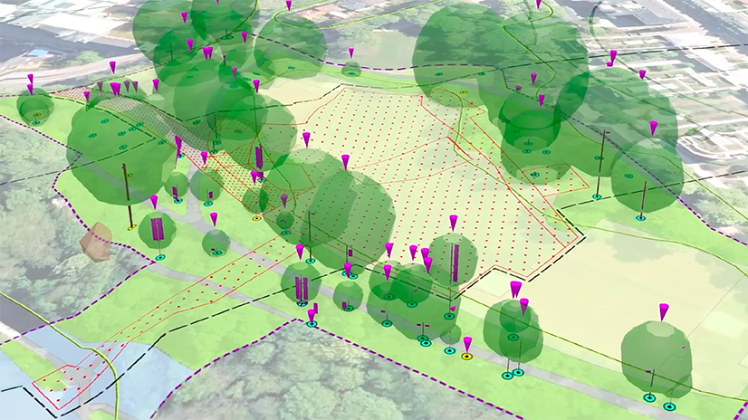 A 3D rendering of a proposed construction site and urban forest showing green space, trees, and a river. Purple and red markers indicate points of interest.