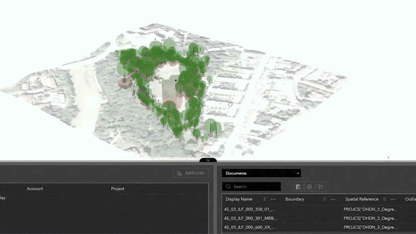 An animation of ArcGIS GeoBIM showing a 3D GIS rendering of the project site with trees and a BIM model. The user adjusted the perspective and then zooms into a specific portion of the BIM model.