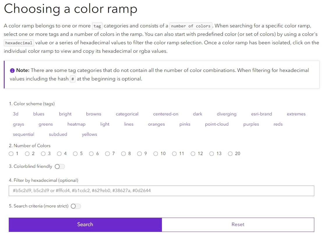 Screen shot of guide to Choosing a color ramp from ArcGIS Developers