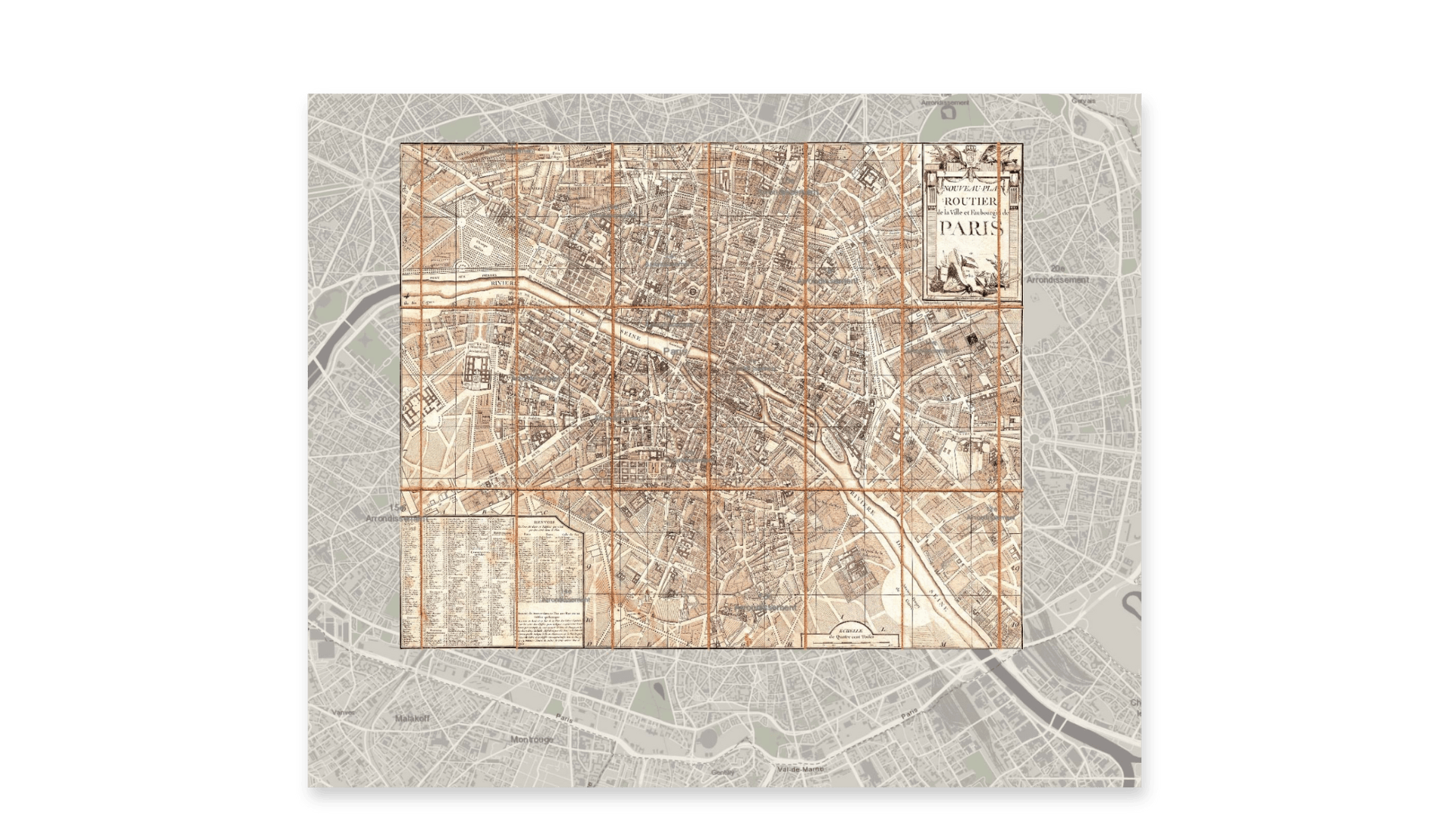 A screen shot of a historical map scan of Paris as a media layer overlaid with a contemporary gray and white web basemap in ArcGIS Online.