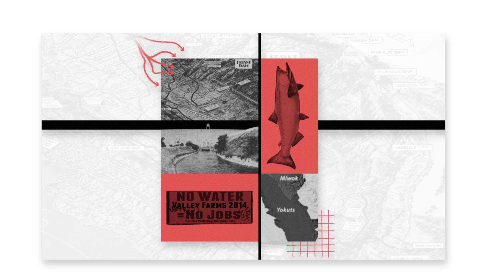The cover graphic from story titled A spatial inquiry case study: Water development in the San Joaquin Valley overlaid with a screenshot of a grayscale historical map scan of water development in the San Joaquin Valley.