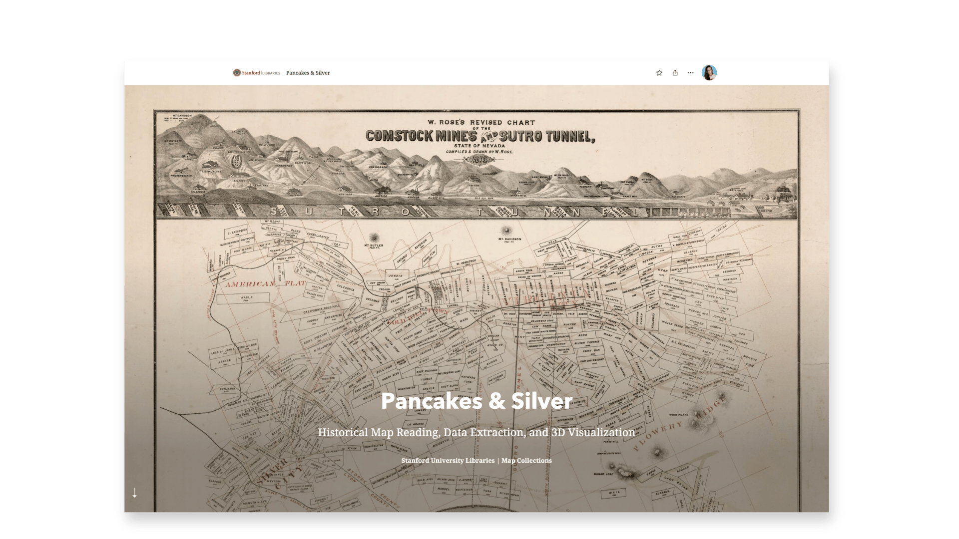 A screen shot of story cover titled Pancakes & Silver: Historical Map Reading, Data Extraction, and 3D Visualization made with ArcGIS StoryMaps.