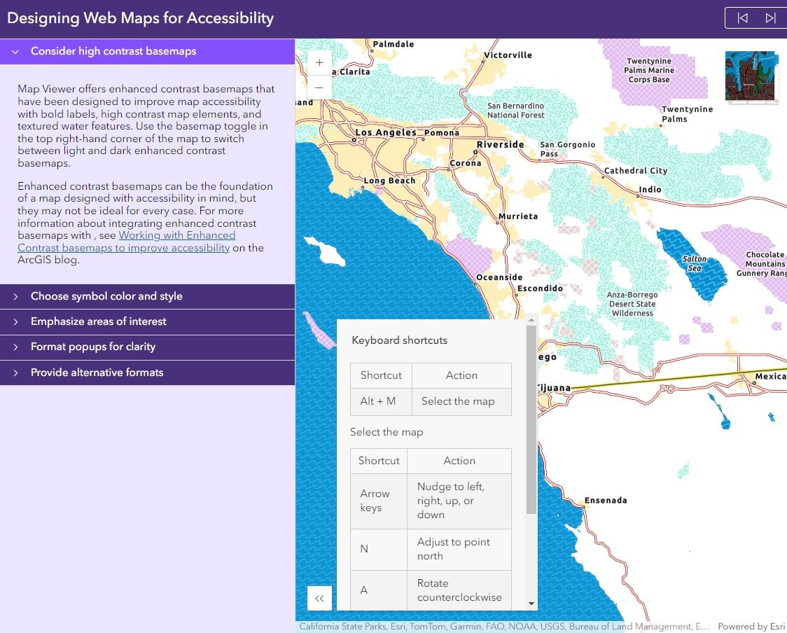 An ArcGIS Instant App portfolio showcasing maps configured with accessibility in mind.