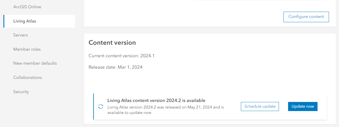 Living Atlas tab in organization settings that shows a banner that states a new Living Atlas update is available