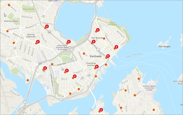 Map image of business locations in Portland, ME.