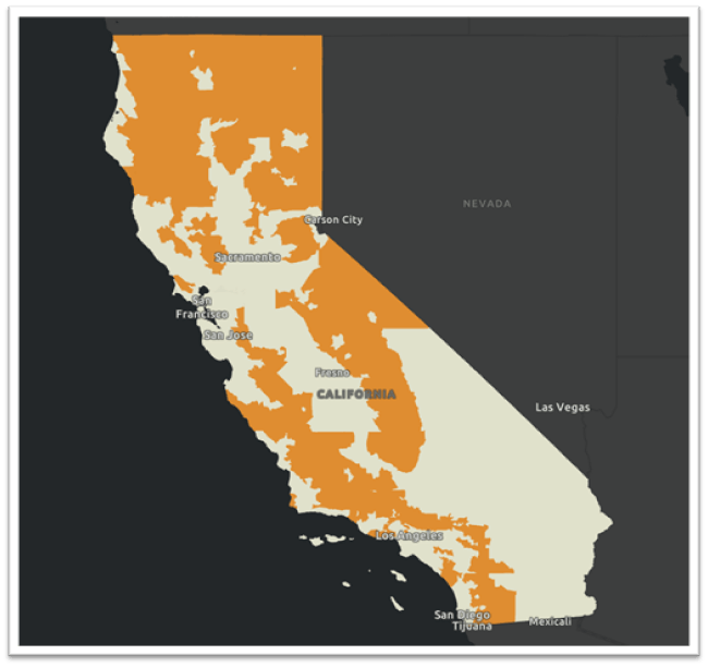 Map of California Census Tracts showing historical annual wildfires